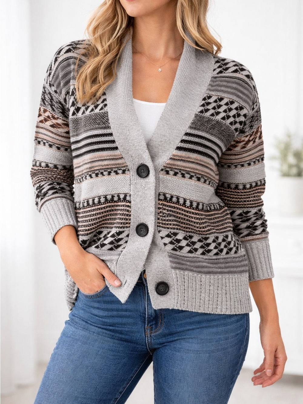 Ardene Grey, Black & Brown Patterned Shawl-Collar Cardigan